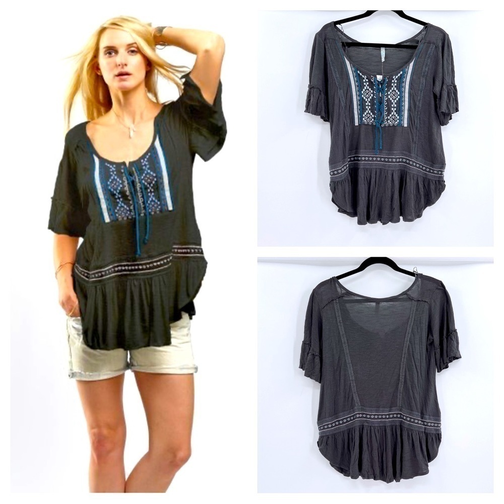 Free People | Free People Charcoal Embroidered El Mirage Top Size XS New NWT